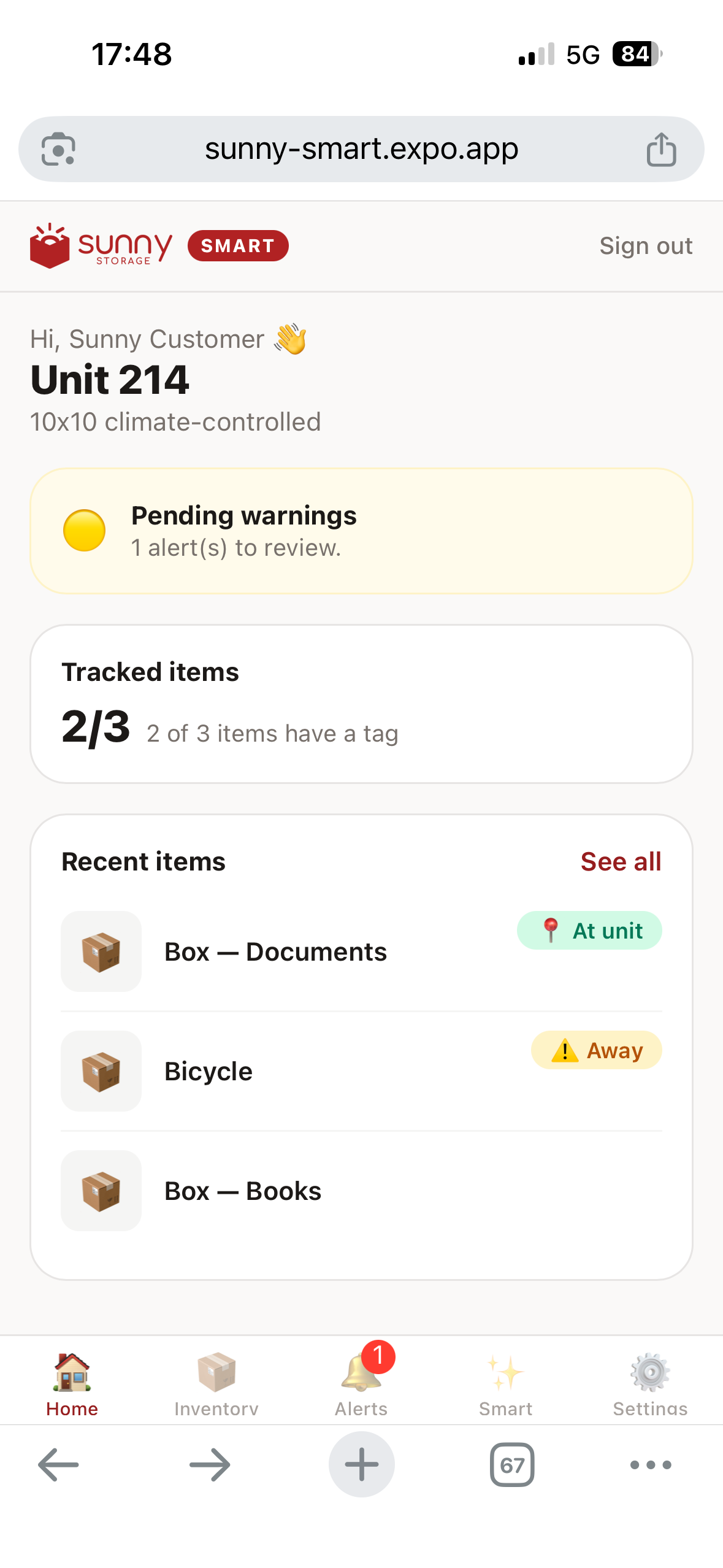 Sunny Smart app showing tracked items in Unit 214
